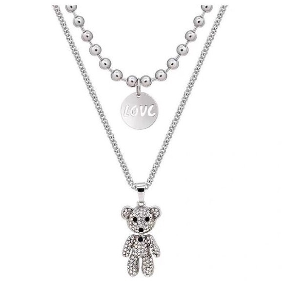 3/$25🦋 Layered Teddy Bear Crystal Silver Necklace - Picture 3 of 3